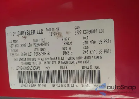 2008 Dodge Dakota Slt from USA, damaged, VIN 1D7HE48N08S538649